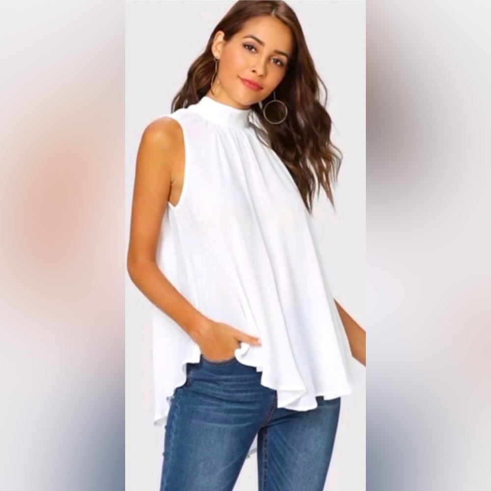 ❤️ 3 for $35 | SHEIN | Mock Neck Hi-Low Hem Flowy Top | White | Medium